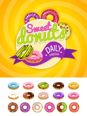 Renkli poster şablonu sırlı donuts koleksiyonu ile. Gıda etiketi sırlı donuts vektör ile modern düz tarzda ayarlayın. Vektör çizim