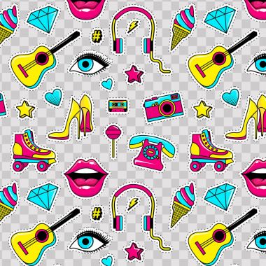 Etiketleri ve düzeltme ekleri ile karikatür 80s 90s çizgi roman tarzı vektör kümesi.