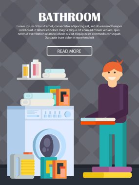 Modern banyo iç. Banyo Mobilyaları bir dizi: banyo, tuvalet, duş, çamaşır makinesi, bir toz, bir ayna, bir havlu. Vektör çizim.