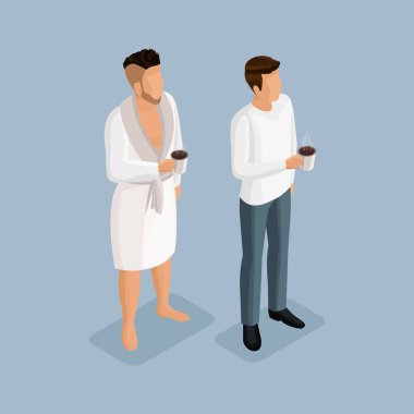 Modern erkekler gidiyor sabah kahve içme bornoz içinde çalışmak. İş elbiseleri kahve içme iş adamı. Bir kazak ve pantolon sabahlık izometrik 3d erkeklerde kahve içmek