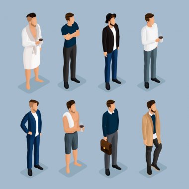 İzometrik modern insan evrak çantası, takım elbiseli, işadamı ile ceketli 3d adamı dostum ev giysileri içinde kahve, dostum sabahlık, koşu sonra adam içme ayarlandı. Vektör çizim