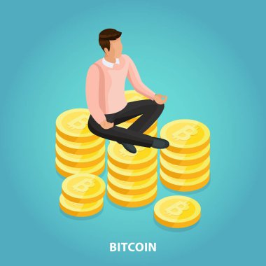  İşadamları bitcoins yığında izometrik insanlardır. İzometrik iş kavramı, kripto para birimi. Gelir büyüme bitkoyn, eğri madencilik kavramı. Vektör çizim