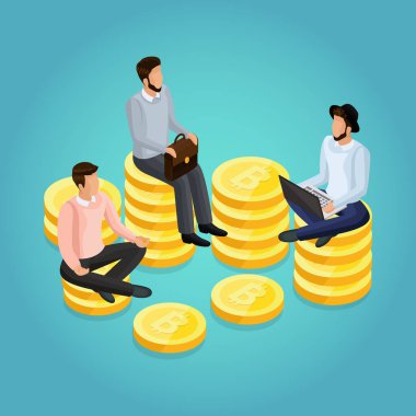 İşadamları bitcoins yığında izometrik insanlardır. İzometrik iş kavramı, kripto para birimi. Gelir büyüme bitkoyn, eğri madencilik kavramı. Vektör çizim
