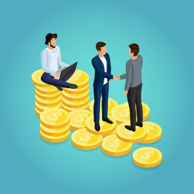  İşadamları bitcoins yığında izometrik insanlardır. İzometrik iş kavramı, kripto para birimi. Gelir büyüme bitkoyn, eğri madencilik kavramı. Vektör çizim
