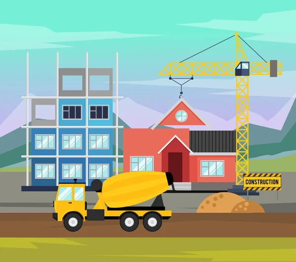 İnşaat ekipmanları ile Evleri inşaatı vektör Illustration arka planda. Konut Evleri inşaatı işlemidir. Vektör çizim