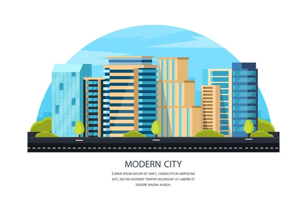 Moderní Město Mrakodrapy Městské Budovy Poblíž Silnice Ulice Krajina Vektorové — Stockový vektor