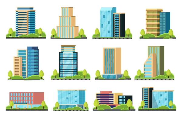 gökdelenler ile modern şehir. Kentsel binalar yakınındaki road, sokak manzara. Vektör çizim