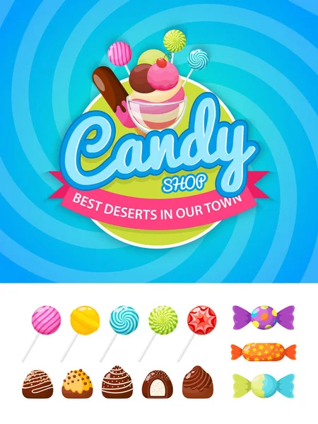 お菓子 砂糖菓子 各種チョコレート カラフルなキャンディーのキャンディー ショップ ラベル モダンなフラット スタイルのベクトル図 — ストックベクタ