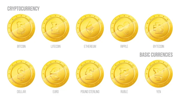 Ensemble Icônes Pièces Crypto Monnaie Bitcoin Litecoin Éthérée Ondulation Bytecoin — Image vectorielle