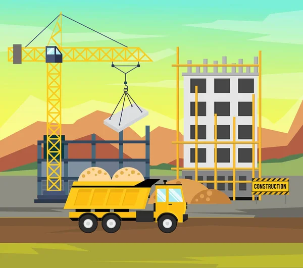 İnşaat ekipmanları ile Evleri inşaatı vektör Illustration arka planda. Konut Evleri inşaatı işlemidir. Vektör çizim