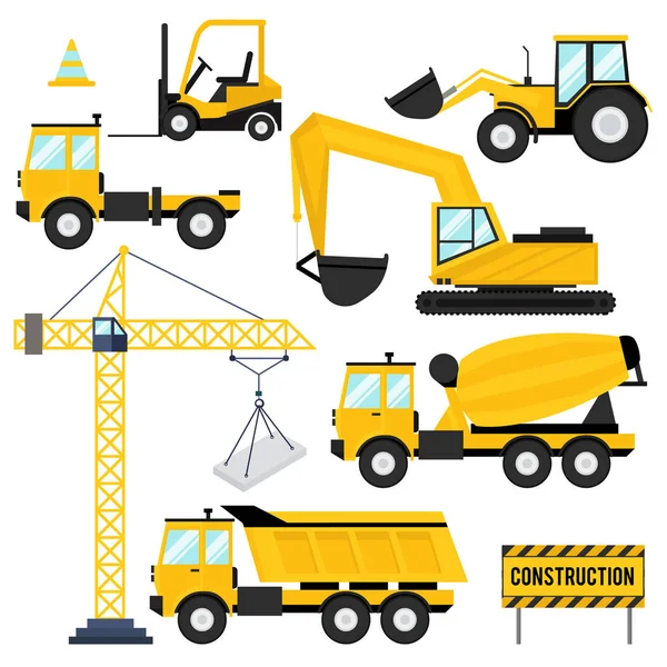 Equipo Construcción Iconos Planos Con Bulldozer Excavadora Tractor Hormigonera Camiones — Vector de stock