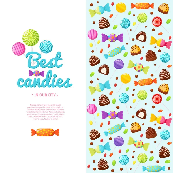 Renkli davetiye metninizi için yer ile. Şekerler, sonu ve çeşitli çikolata renkli lolipop arka plan. Modern düz stil vektör çizim