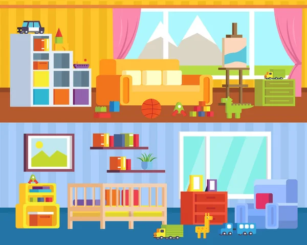  çocuk mobilyaları kümesi. Oyun salonu ile oyuncak, anaokulu, kreş. Masalarına oyuncak ayarlayın. Bahçesi ile mumlar. Vektör çizim