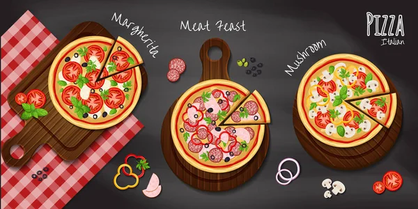 Pizza pizza için malzemeler ile kara tahta zemin üzerine ahşap kesme tahtası üzerinde kümesi: biber, yay, domates, karides, jambon, ananas, jambon, yeşillik ve mantar. Vektör çizim