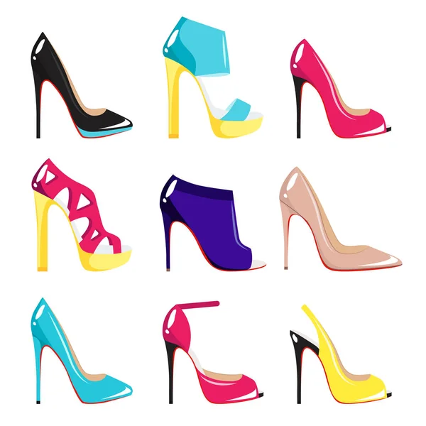 Insignias Parche Moda Con Diferentes Tipos Zapatos Mujer Zapatos Tacón — Archivo Imágenes Vectoriales