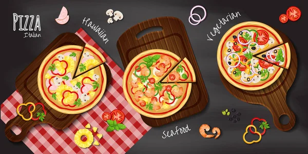 Conjunto Pizza Sobre Tabla Cortar Madera Sobre Fondo Pizarra Con — Vector de stock