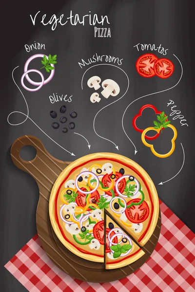 Pizza Vegetariana Fondo Pizarra Con Los Ingredientes — Vector de stock