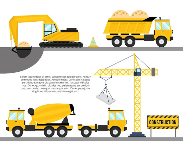 Fundo Construção Horizontal Com Ícones Equipamentos Construção Guindaste Construção Caminhão — Vetor de Stock