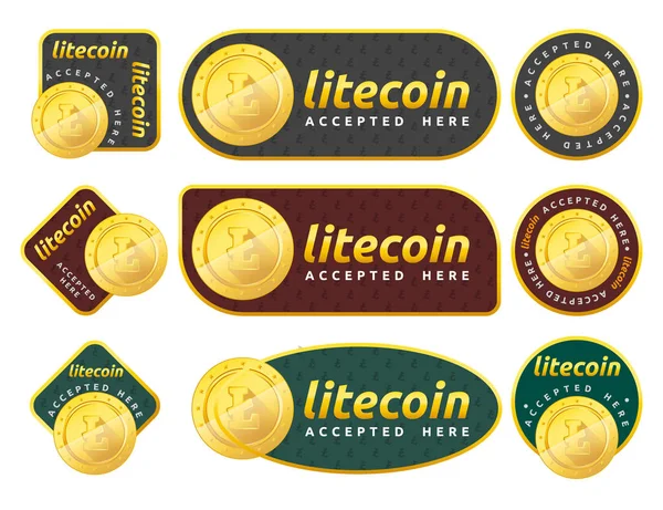Zestaw Emblematów Znak Litecoin Zaakceptowane Litecoin Web Symbol Realistyczne Złotej — Wektor stockowy