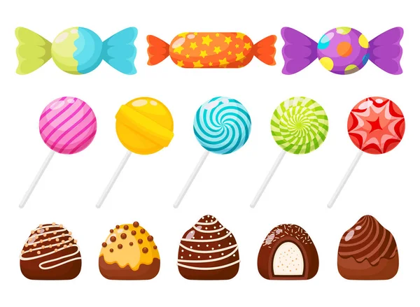 Caramelos Dulces Chocolates Variados Piruletas Colores Iconos Dulces Caramelos Ambientados — Vector de stock