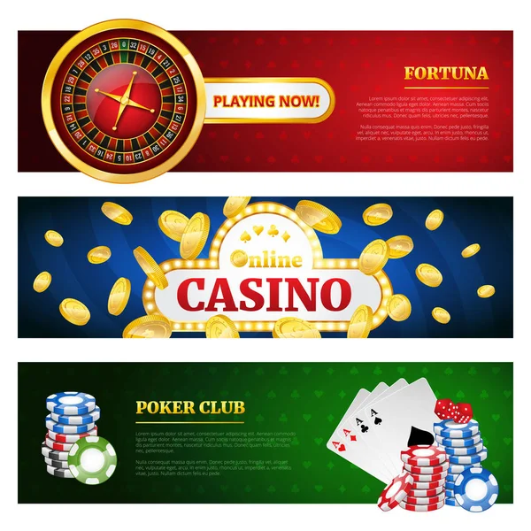 Poker Online Kasino Banner Sada Ruletou Čipy Zlaté Mince Karty — Stockový vektor