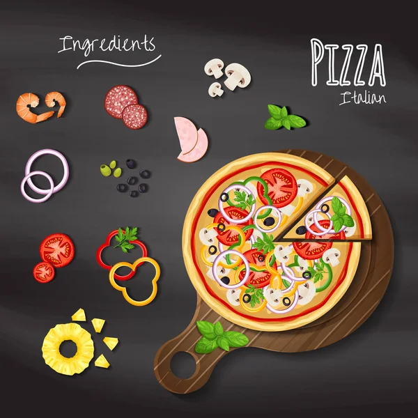 Pizza Italiana Fondo Pizarra Con Los Ingredientes — Vector de stock