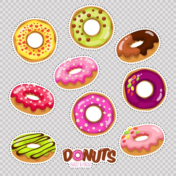 Emblemas Moda Com Diferentes Tipos Donuts Com Caramelo Doces —  Vetores de Stock