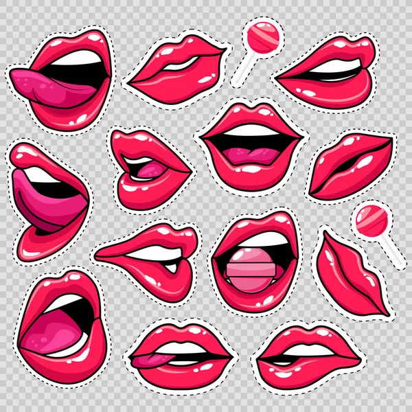 Mode patch set met lippen. — Stockvector