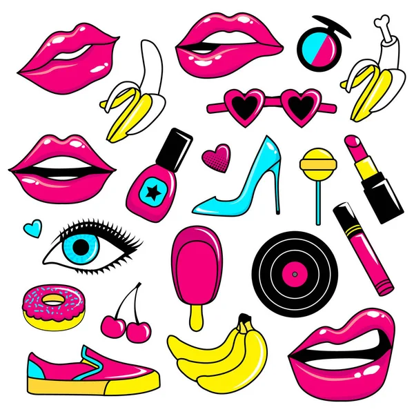 Moda yama rozetleri dudaklar, Kalpler, Ayakkabı, ruj, kozmetik, yıldızlar ve diğer öğeleri ile. Etiketleri ve düzeltme ekleri karikatür 80s 90s çizgi roman tarzı ile kümesi. Beyaz arka plan üzerinde vektör çizim.