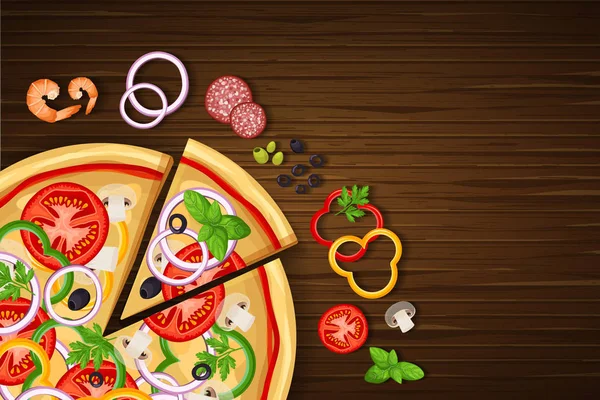 Pizza pizza için malzemelerle ahşap arka plan üzerinde: karides, biber, yay, zeytin, salam, domates, yeşillik ve mantar. Vektör çizim, metin için yer ile.