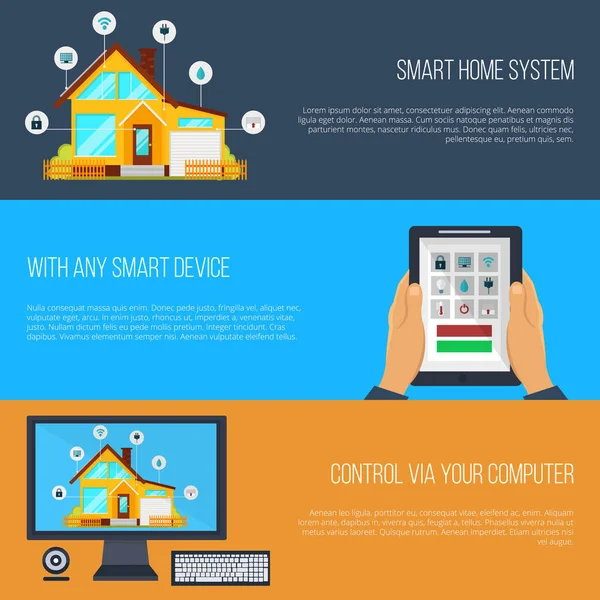 Smart home automation system banners. Smart house technology system with centralized control from your watch, computer, mobile phone and tablet. Internet of things. Vector illustration