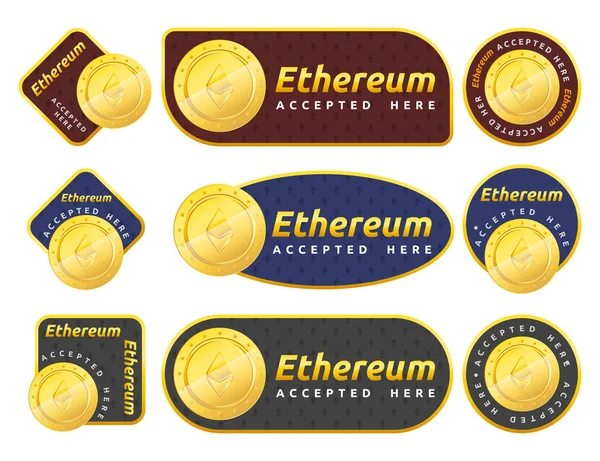 Conjunto Emblemas Signo Aceptado Ethereum Símbolo Web Etereum Moneda Digital — Archivo Imágenes Vectoriales