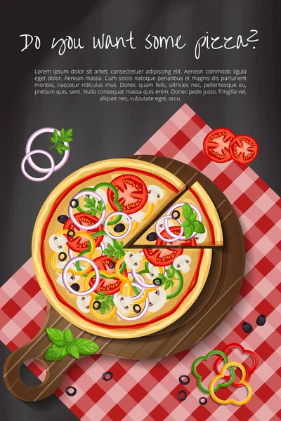 Pizza Pizarra Con Los Ingredientes Para Pizza Camarones Pimienta Lazo — Vector de stock