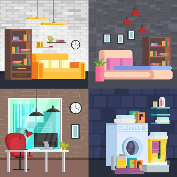 Modern mobilya iç oturma odası kümesi: Li, gardrop, Tv, tablo, pencere, sandalye, çiçekler, ışık. Modern bir dik tasarım vektör çizim.