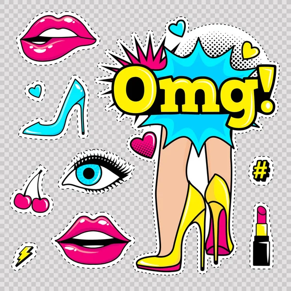 Badges Patch Mode Avec Lèvres Cœurs Chaussures Rouge Lèvres Cosmétiques — Image vectorielle
