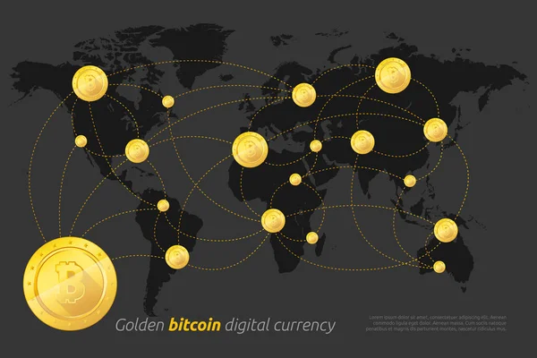 Золотой Биткойн Цифровая Валюта Футуристические Цифровые Деньги Темном Фоне Картой — стоковый вектор