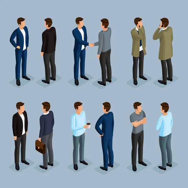 izometrik 3d takım elbiseli ve modern giysiler erkeklerde kümesi. İşadamları farklı pozlar, önden görünüm, arka görüş. Vektör çizim