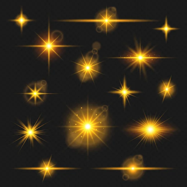 一套现实的发光光效应恒星爆发与火花 金色的光效果 透明的星星 矢量插图 免版税图库矢量图片