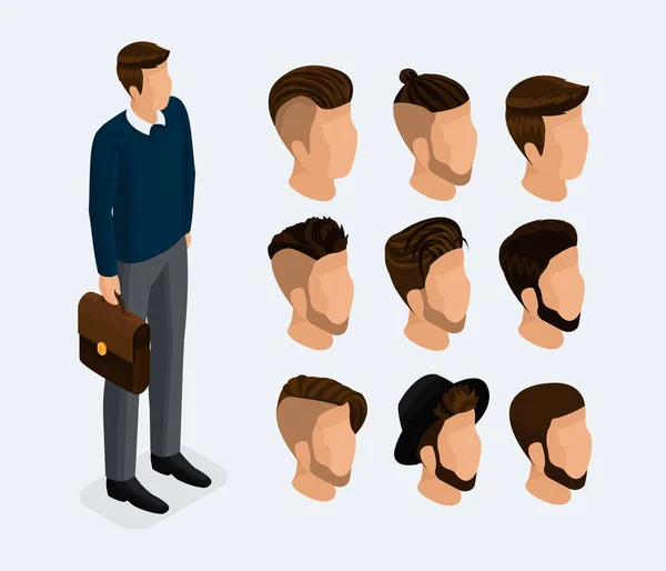 一个人 一个商人 一个时髦发型的等距集 男性的头在3D 字符动画 时尚发型 男人的头发颜色 矢量插图 免版税图库矢量图片