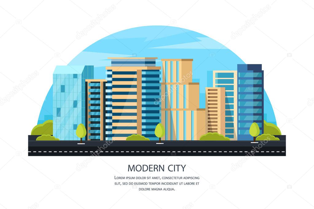 modern city with skyscrapers. Urban buildings near the road, street landscape. Vector illustration
