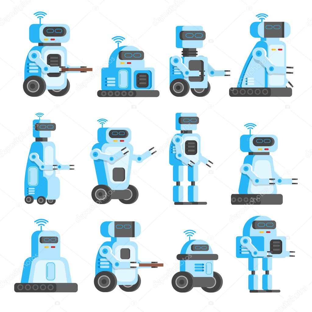 Set of modern robots, domestic helpers, Artificial Intelligence, the product of high technology and innovation. Vector illustration of a modern orthogonal design.
