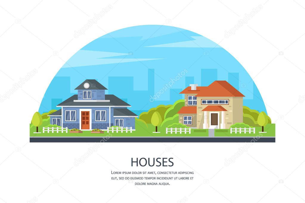 Set of colorful houses. Street with modern buildings. Private houses with their own garden. Modern city architecture concept. Different modern design structures vector illustration