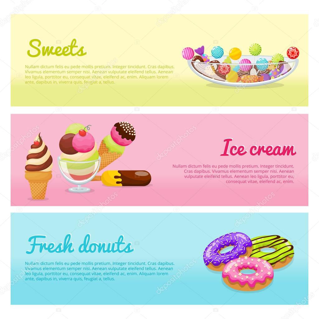 Set of horizontal banners with place for your text. Glazed donuts, ice cream, chocolate sweets, lollipops and candies background. Vector illustration in modern flat style