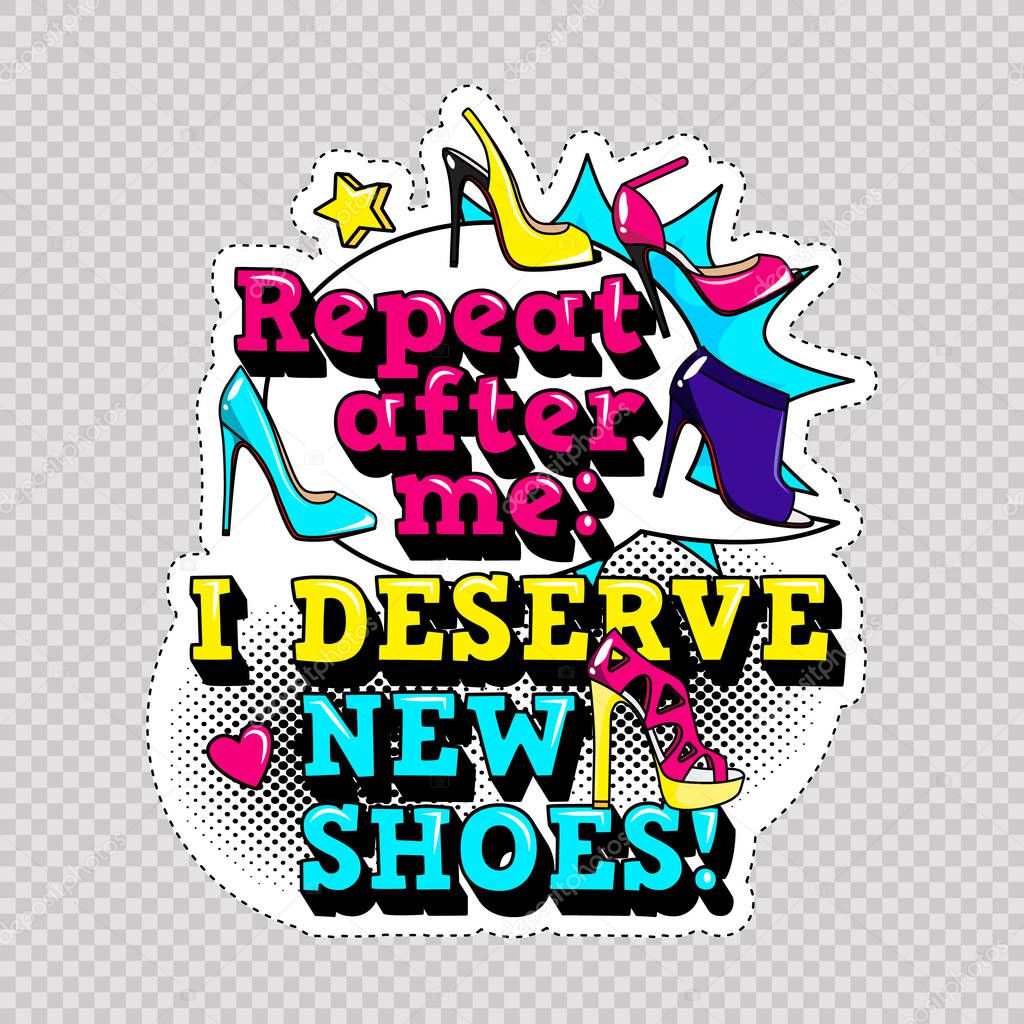 Fashion patch badges with lips, hearts,shoes and sexy quotes on white background with stroke. Set of stickers and patches in cartoon 80s-90s comic style in vector. Ready for print