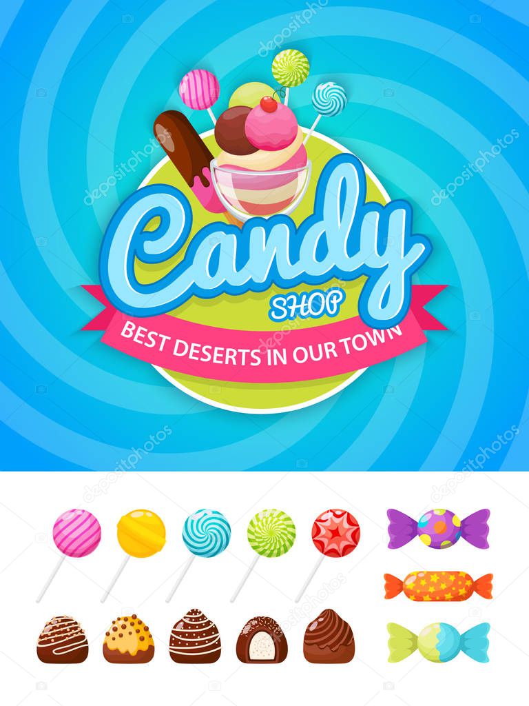 Candy shop label with candies, sweetmeats and assorted chocolates, colorful lollipops. Vector illustration in modern flat style.