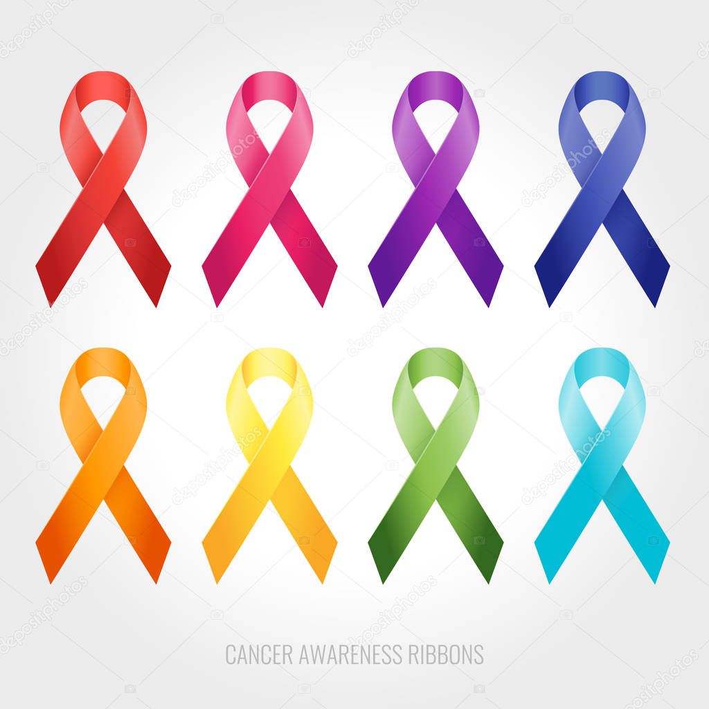World cancer awareness ribbons. February is month of cancer awareness in the world. Color ribbons. Vector illustration