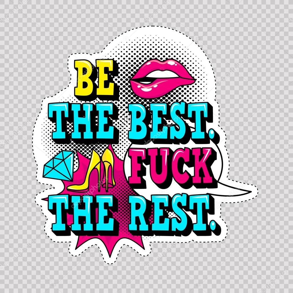Fashion patch badges with lips, hearts,shoes and sexy quotes on white background with stroke. Set of stickers and patches in cartoon 80s-90s comic style in vector. Ready for print