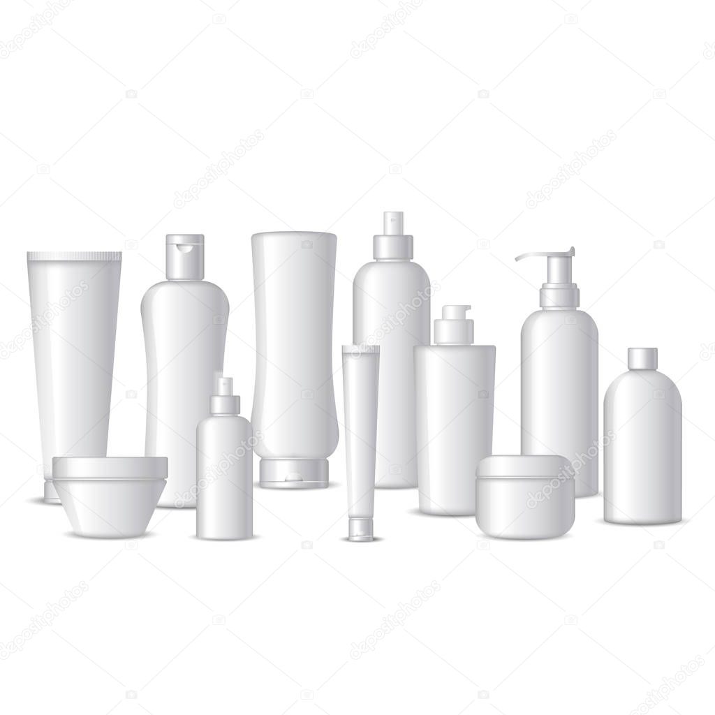 Realistic silver cosmetic bottles 