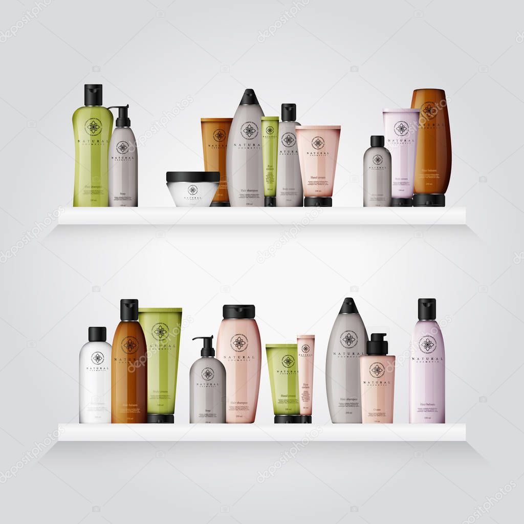 Realistic cosmetic bottles with gradient design on white background. Cosmetic cream containers and tubes for cream, lotion, shampoo, gel, balsam, conditioner, spray. 3d Vector Illustration