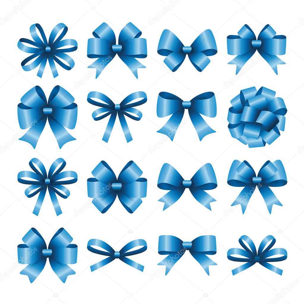 Big set of decorative red gift bows with ribbons. Vector illustration.